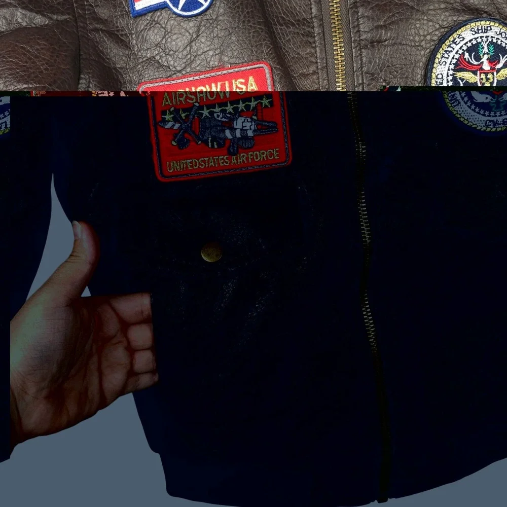 Da Fei Li Boys Bomber Jacket Size 10 Flight Aviator Faux Leather Patches Coat